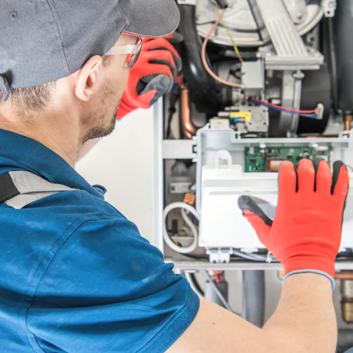 Technician in red gloves servicing a boiler's controls