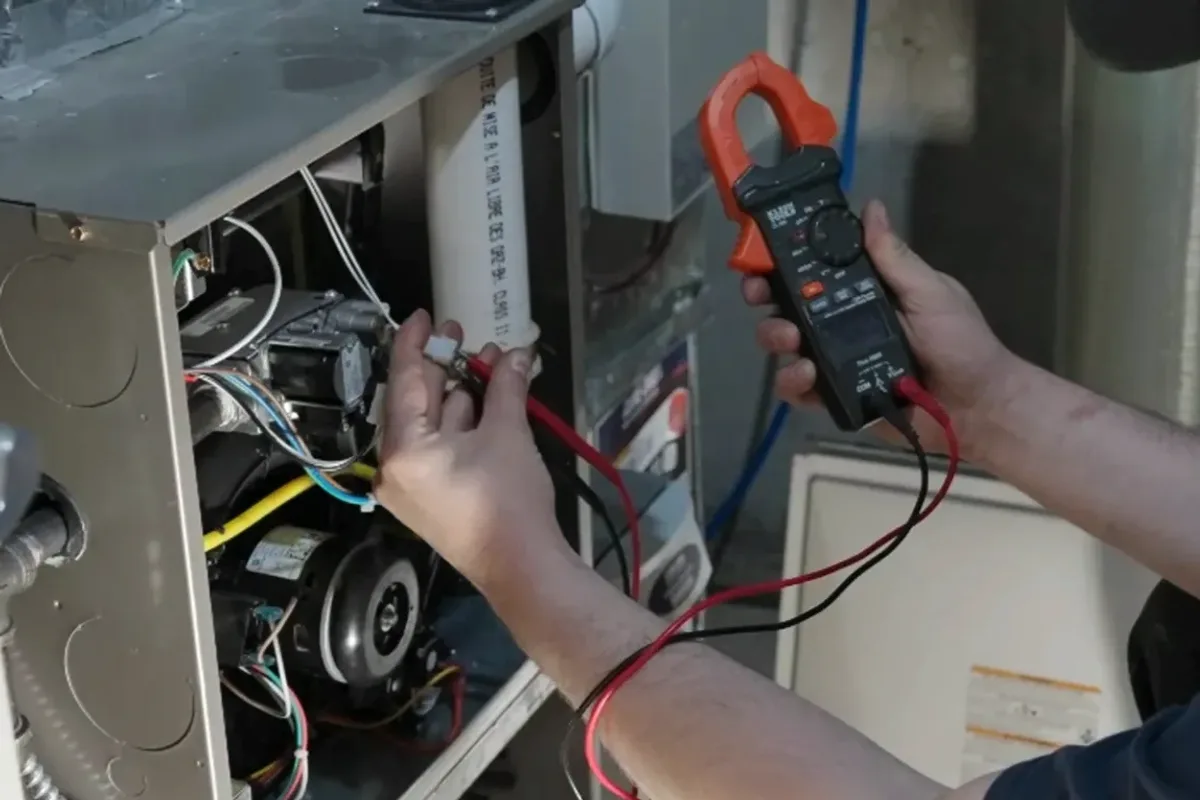 Technician testing a furnace's wiring with a clamp meter
