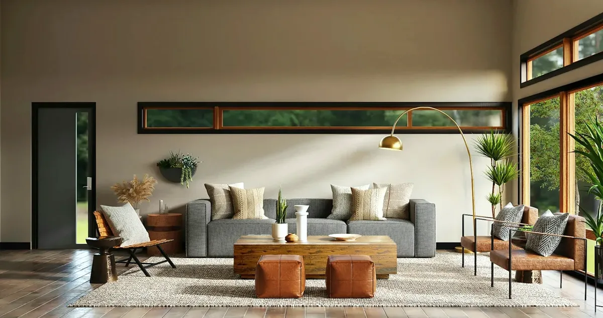 Bright living room with a grey sofa and large windows
